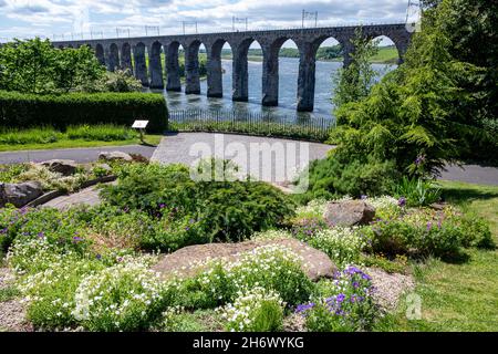 The Royal Border Bridge, spanning the River Tweed at Berwick upon Tweed, from the Coronation Gardens. Stock Photo