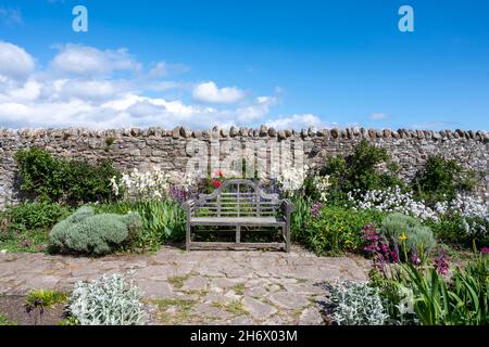 Gertrude Jekyll's Garden on Lindisfarne, Holy Island, in springtime. Stock Photo