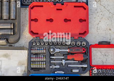 Ratchet Set With Sockets and Bits Tool Box Stock Photo