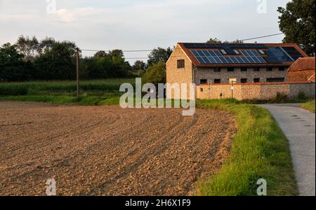 Tienen, Flemish Region, Belgium - 09 20 2021: Harvested agriculture fields and a farm on a country road Stock Photo