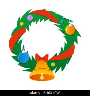 Christmas wreath - modern flat design style single isolated object. Neat image of a fir circle decorated with bells, red ribbons and bright balls. Tra Stock Vector