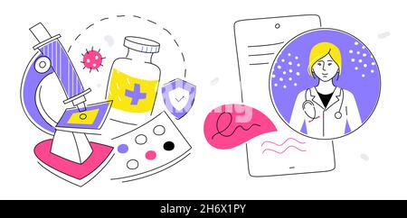 Online doctor - colorful line design style illustration set. Calling a therapist physician, getting professional advice. Medical research, test result Stock Vector