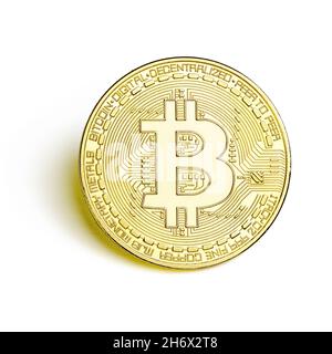 Gold bitcoin coin close-up isolated on white background the top view. Virtual money and digital crypto currency concept. Stock Photo
