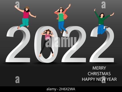 graphics image character woman jump with text number 2022 concept happy new year for card wallpaper background vector illustration Stock Vector