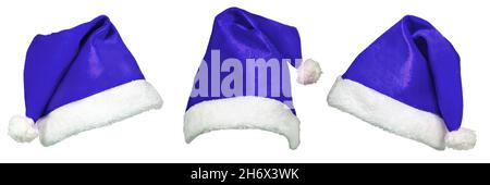 Set of blue Christmas Santa Claus hat isolated on white background. Set 1 of 2. Stock Photo