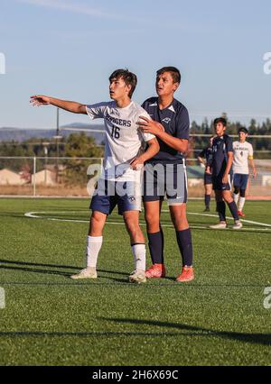 Soccer action with Bonners Ferry vs CDA Charter High School in Post Falls, Idaho. Stock Photo