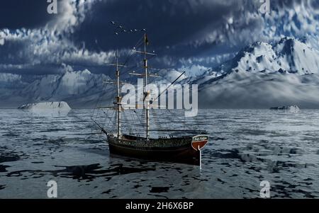 A Spanish Brig Sailing Ship Trapped In An Ice Field Stock Photo