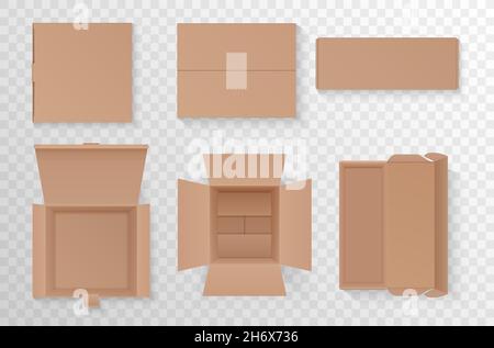 Open and closed cardboard boxes set, top view vector illustration. 3d realistic mockup collection of packages for storage in warehouse or shipping, empty delivery parcels on transparent background Stock Vector