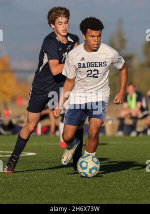 Soccer action with Bonners Ferry vs CDA Charter High School in Post Falls, Idaho. Stock Photo