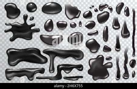 Black liquid droplets of different shapes set, top view vector illustration. 3d realistic puddles of fluid with shiny surface, paint or ink splashes, glossy blobs drip on transparent background Stock Vector