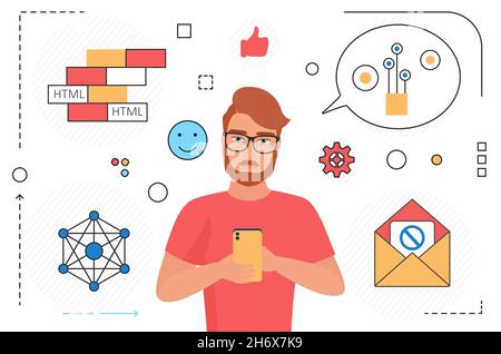 Flat style vector illustration of cartoon professional male Web developer character with mobile phone creating website for business company Stock Vector