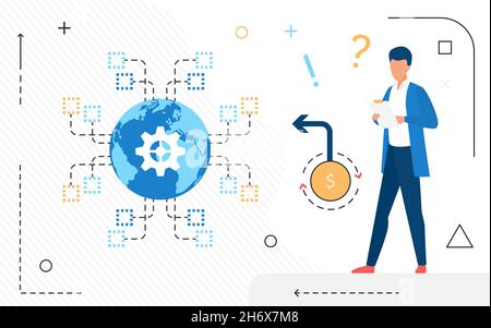 Data center worker processes and analyzes Internet streams of hosting provider vector image. Big data analytics using online technologies Stock Vector