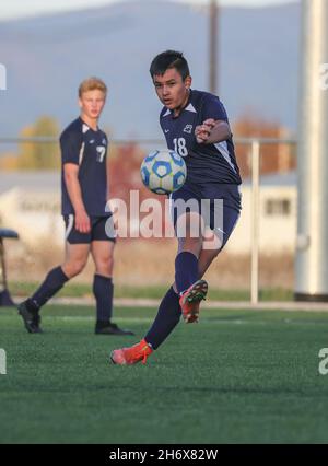 Soccer action with Bonners Ferry vs CDA Charter High School in Post Falls, Idaho. Stock Photo