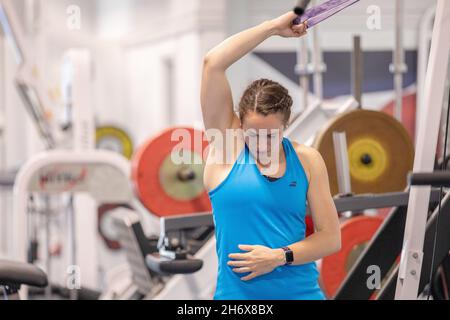 02/06/21 - Badminton England player Chloe Birch during a circuit training session at the National Badminton Centre in Milton Keynes. Stock Photo