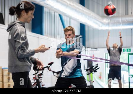 02/06/21-Badminton England player Marcus Ellis and Chris Langridge during a circuit training session at the National Badminton Centre, Milton Keynes. Stock Photo