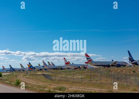 Caude, Teruel, Spain. 13th July, 2021 - Teruel Aerodrome, the largest aircraft maintenance, long-term storage and recycling center in Europe Stock Photo