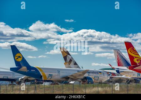 Caude, Teruel, Spain. 13th July, 2021 - Teruel Aerodrome largest aircraft maintenance, storage and recycling center in Europe. Ukrainian airlines Stock Photo