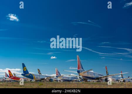 Caude, Teruel, Spain. 13th July, 2021 - Teruel Aerodrome the largest aircraft maintenance, storage and recycling center in Europe. Parked airplanes Stock Photo