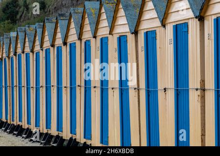 isle of wight beach huts at shanklin seafront, wooden beach huts in a row at shankling esplanade on the isle of wight uk, colourful beach huts coastal Stock Photo