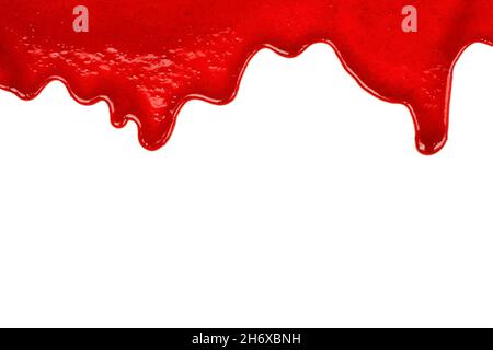 Cherry sweet syrup dripping on white background close-up Stock Photo