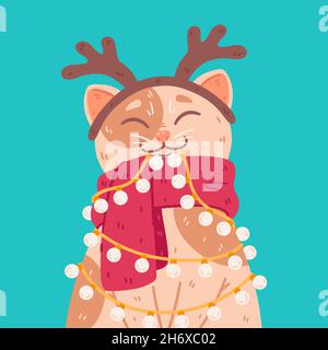 Cat with headband deer horns, warm scarf, light bulbs garland. Merry Christmas and Happy New Year postcard. Cute vector illustration isolated on backg Stock Vector
