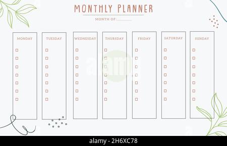 Monthly planner with abstract pattern design, vector. Modern design with stationery organizer for daily plans, floral vector weekly planner template, Stock Vector