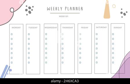 Weekly planner with abstract pattern design, vector. Modern design with stationery organizer for daily plans, floral vector weekly planner template, s Stock Vector