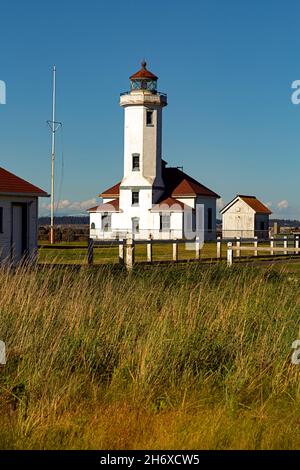 WA19776-00...WASHINGTON - Keepers houses and sheds at the base of the now fully automated Point Wilson Lighthouse. Stock Photo
