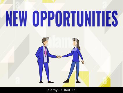 Text sign showing New Opportunities. Business idea exchange views condition favorable for attainment goal Man And Woman Standing Facing Towards Each Stock Photo