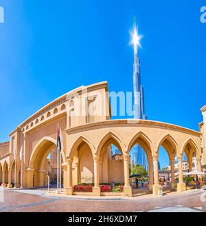 DUBAI, UAE - MARCH 3, 2020: Panoramic view on magnificent arched Gate to the Palace quarter of Old Town Island the modern residential complex in Downt Stock Photo