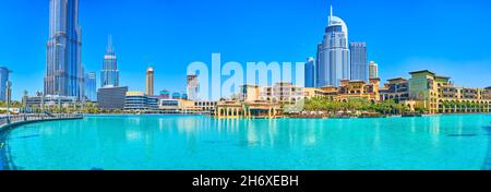 DUBAI, UAE - MARCH 3, 2020: Burj Khalifa and surrounding area is the most exciting part of the city with luxury hotels, restaurants and apartments in Stock Photo