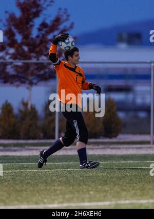 Soccer action with Bonners Ferry vs CDA Charter High School in Post Falls, Idaho. Stock Photo