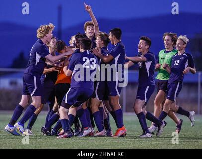 Soccer action with Bonners Ferry vs CDA Charter High School in Post Falls, Idaho. Stock Photo