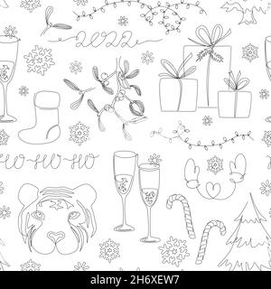 Xmas 2022 seamless pattern in continuous one line drawing style. Christmas tree, tiger head, mistletoe, gifts, lights, and champagne goblets. Modern Stock Vector