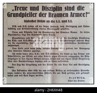 ERNST ROHM APPEAL TO THE SA & SS for discipline in the brown army. Ernst Julius Günther Röhm was a German military officer and an early member of the Nazi Party. As one of the members of its predecessor, the German Workers' Party, he was a close friend and early ally of Adolf Hitler and a co-founder of the Sturmabteilung, the Nazi Party's militia, and later was its commander. In this appeal, Ernst Röhm reprimands the SA and SS members who “retaliate on their own initiative” and makes it clear that the “day of retaliation” is determined by the “responsible leaders” Stock Photo
