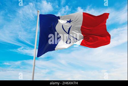 flag of Marque CEMA, Chief of the Defence Staff, France at cloudy sky background on sunset, panoramic view. French travel and patriot concept. copy sp Stock Photo