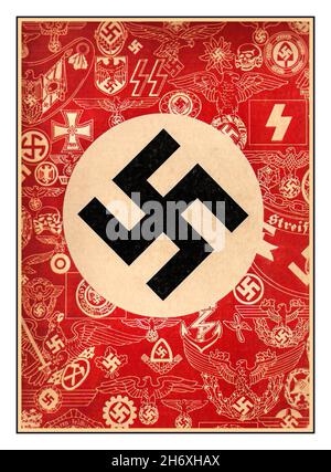 Archive Nazi militaria suppliers  F.W. Assmann & Söhne, Lüdenscheid, Germany: Front cover catalogue with black NSDAP swastika on white red background with collage of miscellaneous Nazi emblems in white line.  Product catalog published in the late 1930s by F.W. Assmann & Söhne, Lüdenscheid i. W., a factory producing 'Uniformknöpfe, Orden, Abzeichen, Beschläge, Koppelschlösser und Schnallen', i. e. uniform buttons, insignia, badges, orders, buckles, clasps, etc, in Nazi Germany. The Company Assmann & Söhne originally founded in 1826 and became one of the major manufacturers of Nazi insignia etc Stock Photo