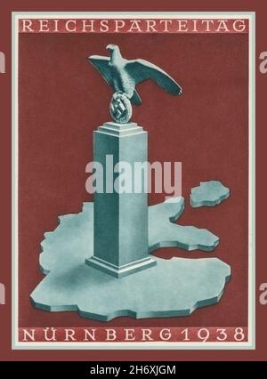 Vintage 1938 Nazi Propaganda REICHSPARTEITAG Poster Card with German Eagle and Nazi Swastika on a plinth overlooking Greater Germany Nurnberg Nuremberg  Nazi Germany Stock Photo