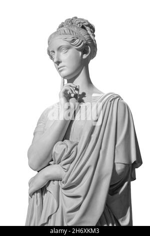 Gypsum copy of ancient statue of thinking young lady isolated on white background. Side view of plaster sculpture woman face Stock Photo