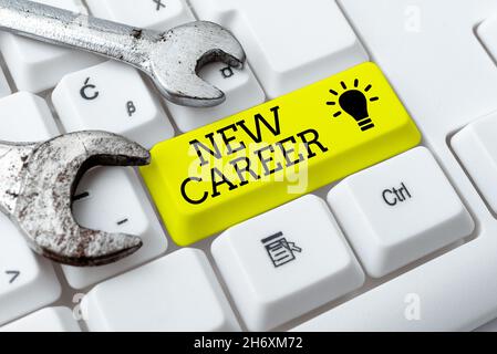 Inspiration showing sign New Career. Word Written on a change to a different type of job from the one you have Typing Firewall Program Codes Stock Photo