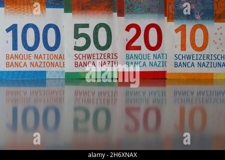 Four of six new Swiss banknotes of various denominations. These new banknotes are the eighth series of banknotes which were introduced between 2016 an Stock Photo