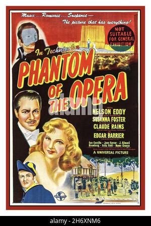Phantom of the Opera 1940s Vintage Movie Film Poster is a 1943 American horror film directed by Arthur Lubin, loosely based on Gaston Leroux's 1910 novel The  Phantom of the Opera  Produced and distributed by Universal Pictures, the film stars Nelson Eddy, Susanna Foster and Claude Rains, and was composed by Edward Ward. Starring Claude Rains Nelson Eddy Susanna Foster Edgar Barrier Directed by Arthur Lubin. a Universal Picture Hollywood USA Stock Photo