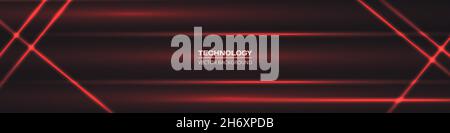 Black wide abstract tech horizontal vector background with red neon lines. Technology banner with red luminous lines. Futuristic technological modern Stock Vector