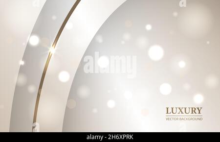 Abstract luxury elegant festive realistic beige background with gold line and bokeh light effect. Stock Vector