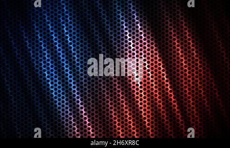 Dark hexagon tech colorful sport background with carbon fiber. Technology honeycomb abstract vector background with red and blue colored bright flash Stock Vector