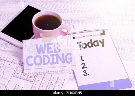 Conceptual caption Web Coding. Word Written on work involved in developing a web site for the Internet Typing New Ideas Business Planning Idea Voice Stock Photo