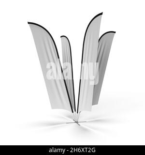 Many white waving advertising banner flags on a a cluster flag base system isolated on a white background and 3d rendered for illustration and mockup. Stock Photo