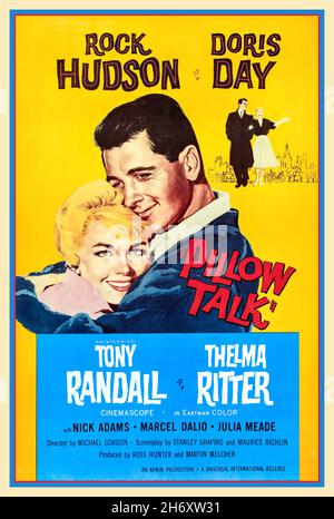 Vintage Movie Film Poster 'Pillow Talk' a 1959 American romantic comedy film in CinemaScope directed by Michael Gordon and starring Rock Hudson and Doris Day. The supporting cast features Tony Randall, Thelma Ritter, Nick Adams, Allen Jenkins, Marcel Dalio and Lee Patrick. The film was written by Russell Rouse, Maurice Richlin, Stanley Shapiro, and Clarence Green Stock Photo