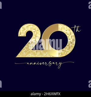 20th anniversary numbers. 20 years old logotype concept. Isolated abstract graphic design template. Luxury shiny 2 and 0 digits. Golden pixel bg with Stock Vector