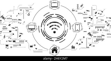 Wi-Fi concept with connected devices smartphone, TV, computer, smart home. Stock Vector